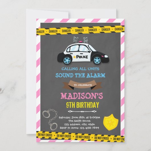 女の子の警察官の誕生日テーマ 招待状 (正面)