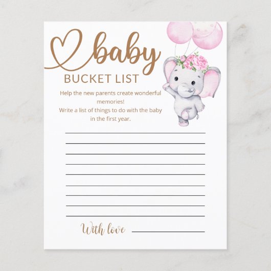 女の子の象と花の赤ちゃんシャワーバケットリスト (正面)
