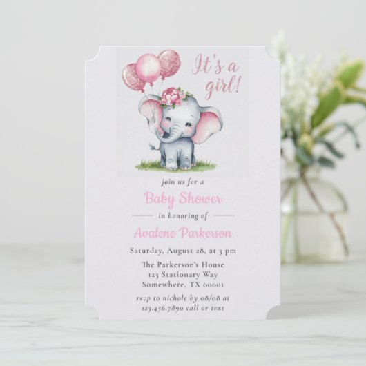 女の子の象のフローラ女の子の赤ん絵を描だシャワーだ 招待状 (スタンド正面)