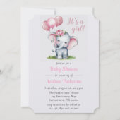 女の子の象のフローラ女の子の赤ん絵を描だシャワーだ 招待状 (正面)