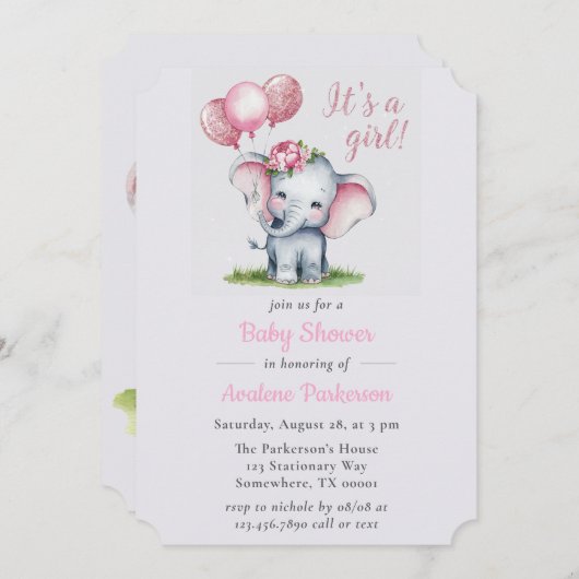 女の子の象のフローラ女の子の赤ん絵を描だシャワーだ 招待状 (正面/裏面)