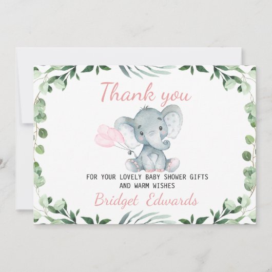 女の子の象の葉ありがとう赤ちゃんシャワーカード 招待状 (正面)