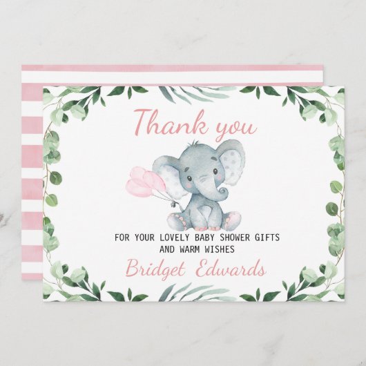 女の子の象の葉ありがとう赤ちゃんシャワーカード 招待状 (正面/裏面)