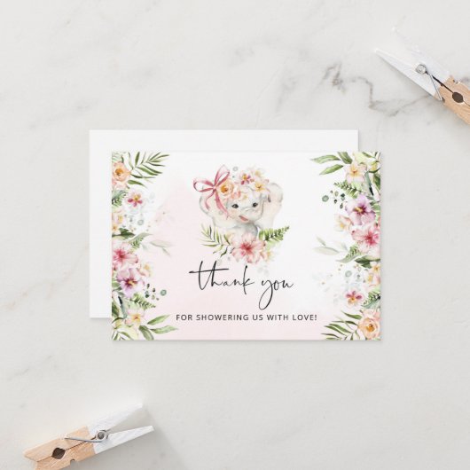 女の子の象の赤ん感謝していだシャワー カード (正面/裏面インサイチュ)