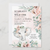 女の子の象の1歳の誕生日 ブッシュ フラワーのユーカリ 招待状 (正面)