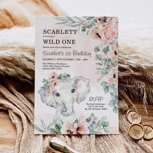 女の子の象の1歳の誕生日 ブッシュ フラワーのユーカリ 招待状