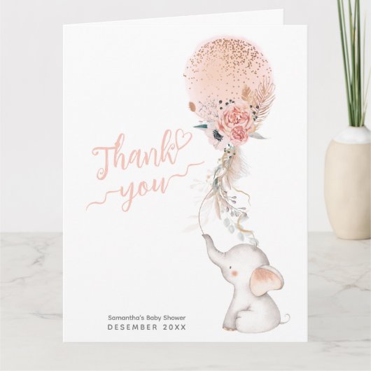 女の子の象シンプルとバルーンベビーシャワー サンキューカード (正面)