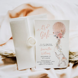 女の子の象シンプルとバルーンベビーシャワー 招待状