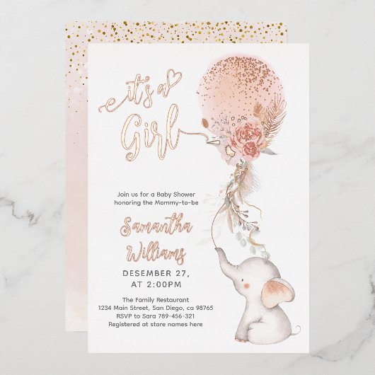 女の子の象シンプルとバルーンベビーシャワー 箔招待状 (正面/裏面)