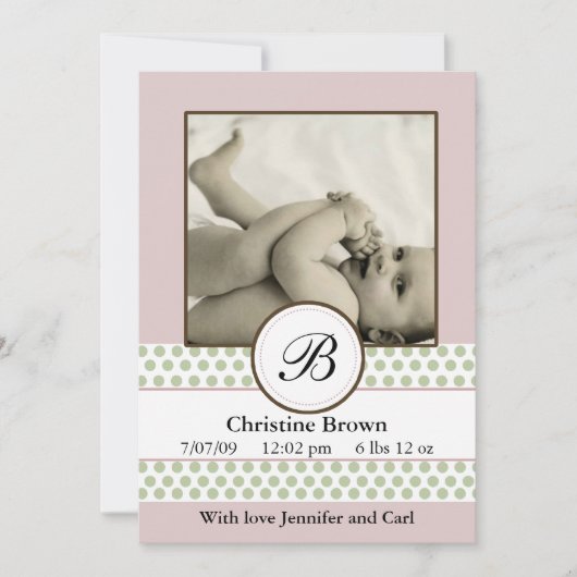 女の子の賢人は誕生の発表に点を打ちます 案内状 (正面)