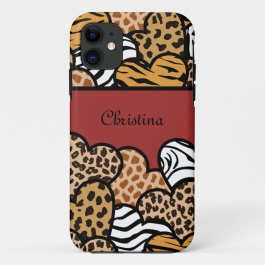 女の子の赤い遊び心あふれる動物のプリントハートの名前 , このユニークで女の子らしいデザインは、ゼブ Case-Mate iPhoneケース (裏面)