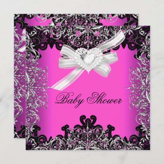 女の子の赤ちゃんかわいらしシャワー熱ピンクホワイトブラック 招待状 (正面/裏面)