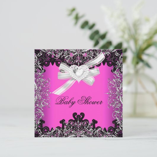 女の子の赤ちゃんかわいらしシャワー熱ピンクホワイトブラック 招待状 (スタンド正面)