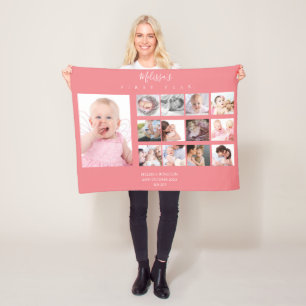 女の子の赤ちゃんが1年目の写真コラージュ12カ月のピンク フリースブランケット