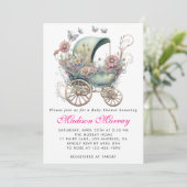 女の子の赤ちゃんのお披露目会　かわいいバラのストローラー　ピンクのおしゃれな招待状 招待状 (スタンド正面)