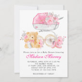 女の子の赤ちゃんのお披露目会 かわいいバラのベビーカー ピンクのおしゃれな招待状 招待状 (正面)