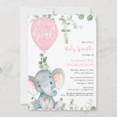 女の子の赤ちゃんのピンクの象の風船のシャワースプレー 招待状 (正面)