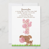 女の子の赤ちゃんの最初の誕生日 子犬のバブルガム 招待状 (正面)