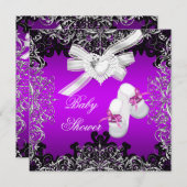 女の子の赤ちゃんシャワかわいらしーパープルブーティシューズ 招待状 (正面/裏面)