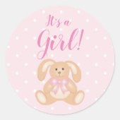 女の子の赤ちゃんシャワーかわいいピンクのウサギ ラウンドシール (正面)