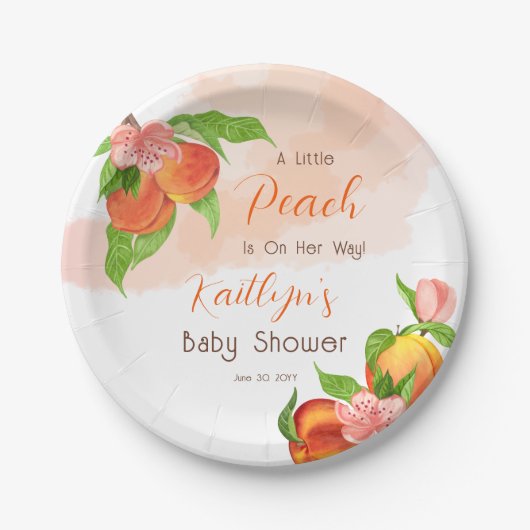 女の子の赤ちゃんシャワーに小さな桃が彼女の道にある ペーパープレート (正面)