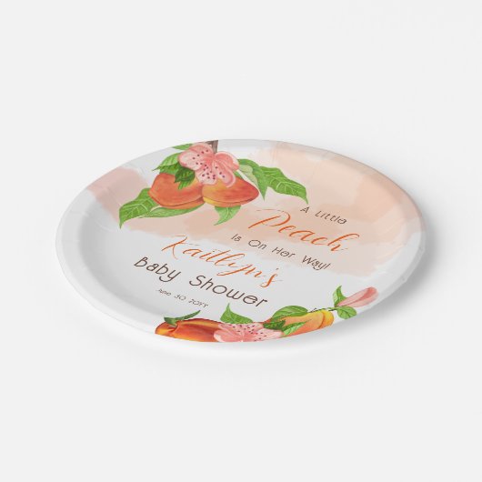 女の子の赤ちゃんシャワーに小さな桃が彼女の道にある ペーパープレート (アングル)