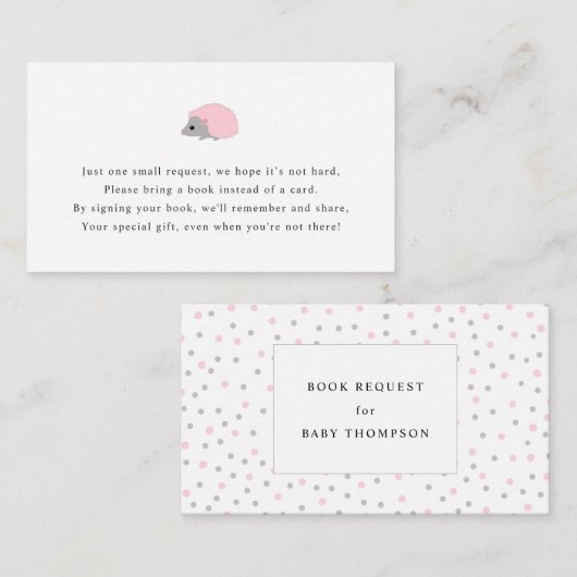 女の子の赤ちゃんシャワーのためのハリネズミのブックリクエストカード エンクロージャーカード (正面/裏面)