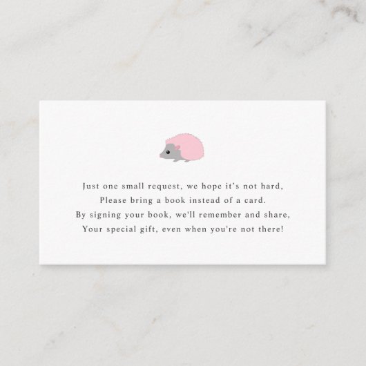 女の子の赤ちゃんシャワーのためのハリネズミのブックリクエストカード エンクロージャーカード (正面)