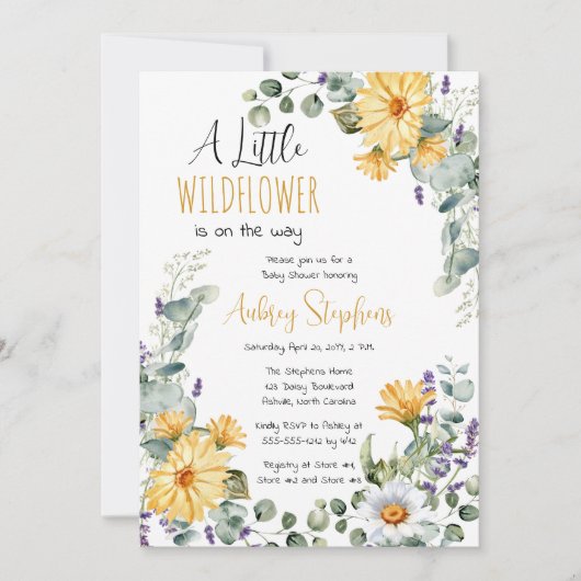女の子の赤ちゃんシャワーの途中にある小さな野花 招待状 (正面)