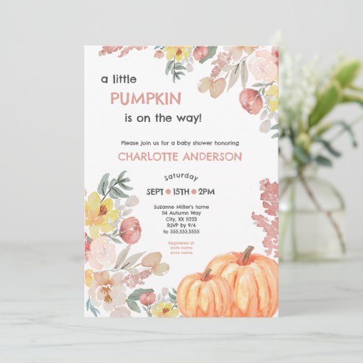 女の子の赤ちゃんシャワーの途中に小さなかぼちゃがある 招待状 (スタンド正面)