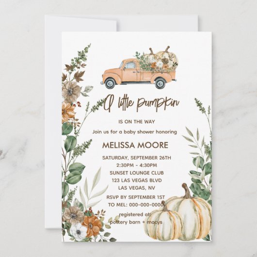 女の子の赤ちゃんシャワーの途中に小さなかぼちゃがある 招待状 (正面)