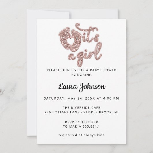 女の子の赤ちゃんシャワーカスタムバラグリッター 招待状 (正面)