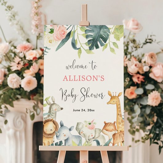 女の子の赤ちゃんシャワーサファリ動物の歓迎サイン ポスター