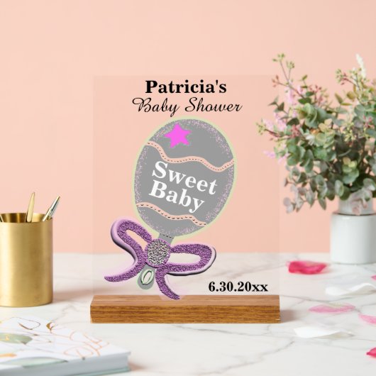 女の子の赤ちゃんシャワーシルバーピンクガラトル アクリルサイン (ウェディング)