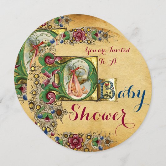女の子の赤ちゃんシャワーストークフローラパーチメントモノグラム 招待状 (正面/裏面)