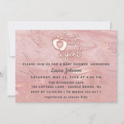 女の子の赤ちゃんシャワーバラ大理石ピンク足 招待状 (正面)