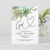 女の子の赤ちゃんシャワーパーティー緑の多肉植物 招待状 (スタンド正面)