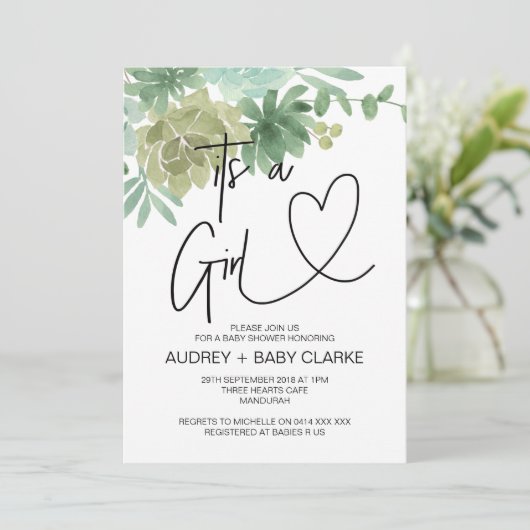 女の子の赤ちゃんシャワーパーティー緑の多肉植物 招待状 (スタンド正面)