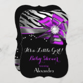 女の子の赤ちゃんシャワーパープルピンクゼブラブラックシルバー2 招待状 (正面/裏面)