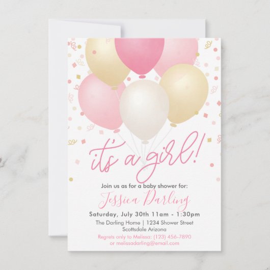 女の子の赤ちゃんシャワーピンクの風船と紙吹雪 招待状 (正面)