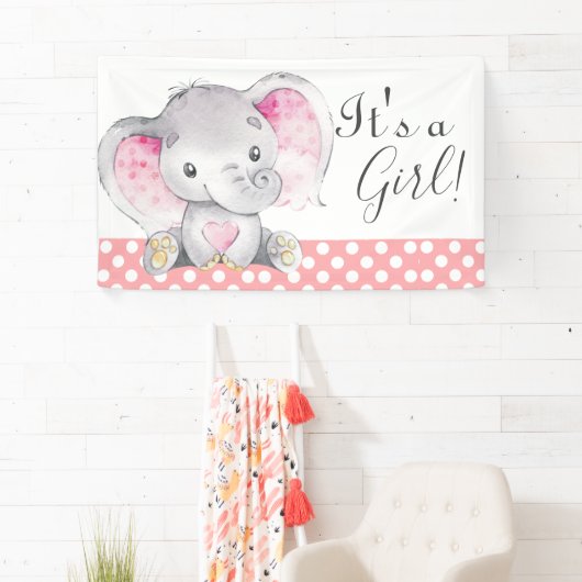 女の子の赤ちゃんシャワーピンクエレファントかわいい水彩 横断幕 (インサイチュ)
