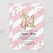 女の子の赤ちゃんシャワーピンクストライプ金ゴールド招待状 招待状 (正面/裏面)