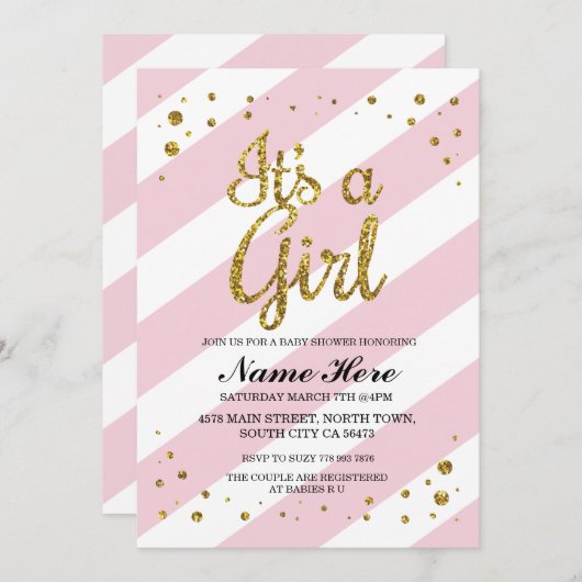 女の子の赤ちゃんシャワーピンクストライプ金ゴールド招待状 招待状 (正面/裏面)