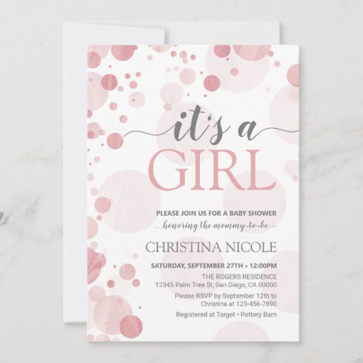 女の子の赤ちゃんシャワーピンクドット招待状 招待状 (正面)
