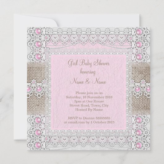 女の子の赤ちゃんシャワーピンクパールボウレースバーラップ3 招待状 (裏面)