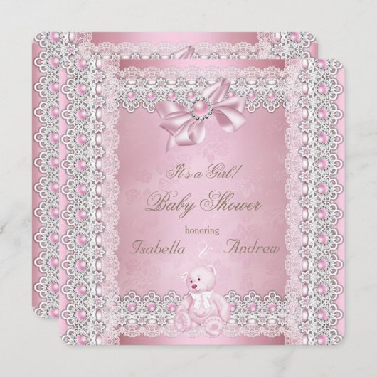 女の子の赤ちゃんシャワーピンクパールボーレースダマスク 招待状 (正面/裏面)