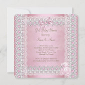 女の子の赤ちゃんシャワーピンクパールボーレースダマスク 招待状 (裏面)