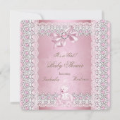 女の子の赤ちゃんシャワーピンクパールボーレースダマスク 招待状 (正面)