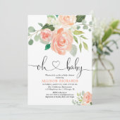 女の子の赤ちゃんシャワーフローラ水彩桃の緑 招待状 (スタンド正面)