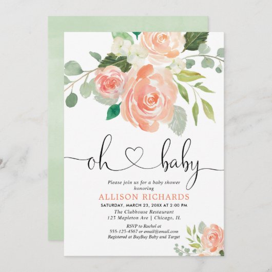 女の子の赤ちゃんシャワーフローラ水彩桃の緑 招待状 (正面/裏面)